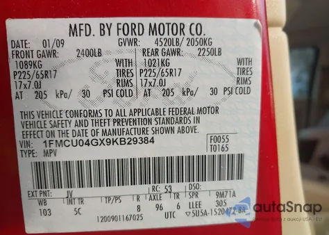 2009 Ford Escape Limited from USA, damaged, VIN 1FMCU04GX9KB29384